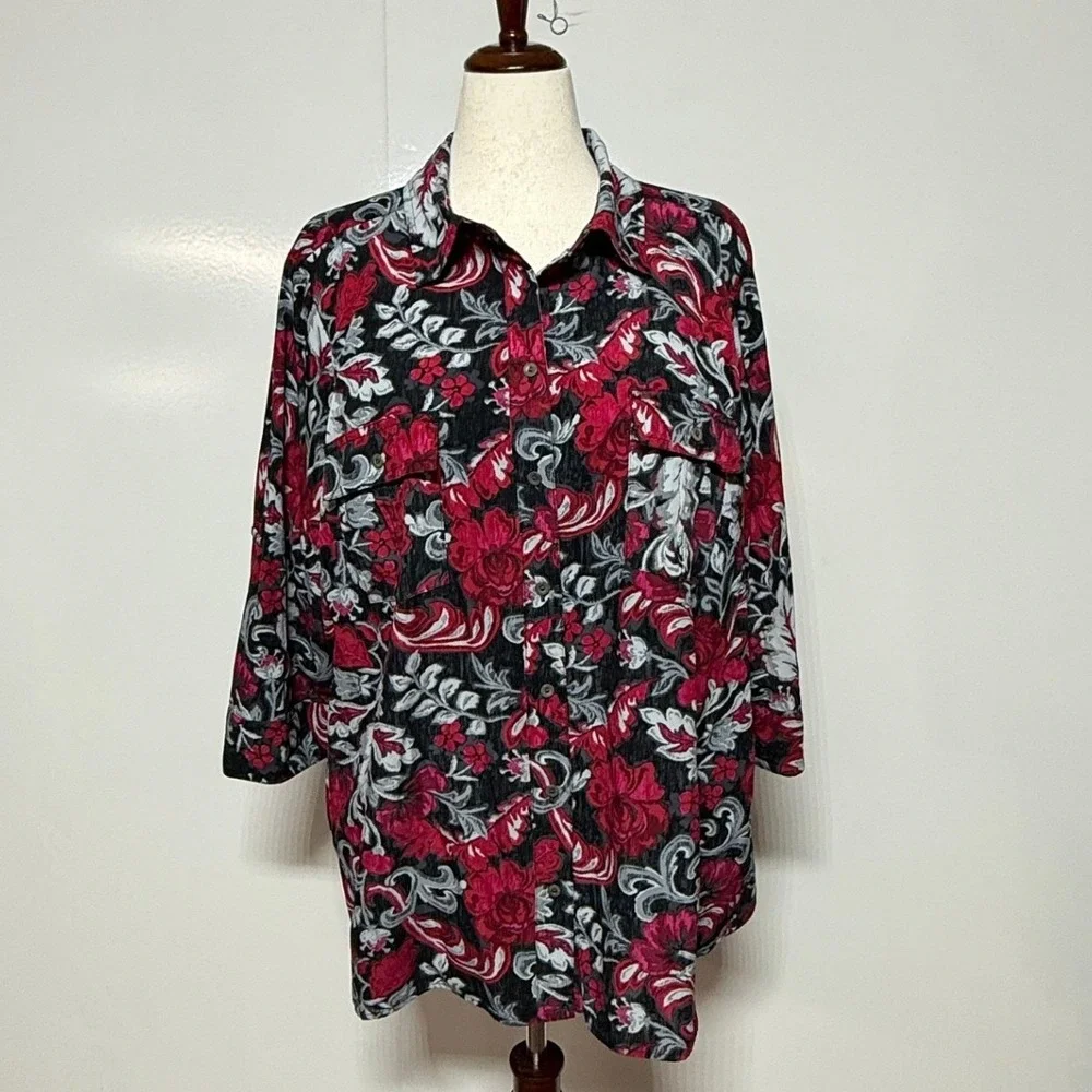 Croft & Barrow Top Shirt Womans 3X Red Black Floral Button Up 3/4 Sleeve Blouse - Picture 2 of 9